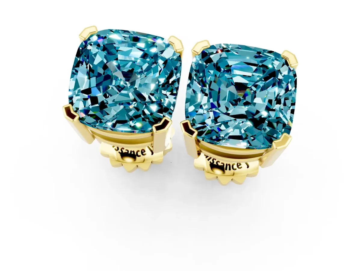 Cushion Cut Blue Topaz Stud Earrings Yellow gold