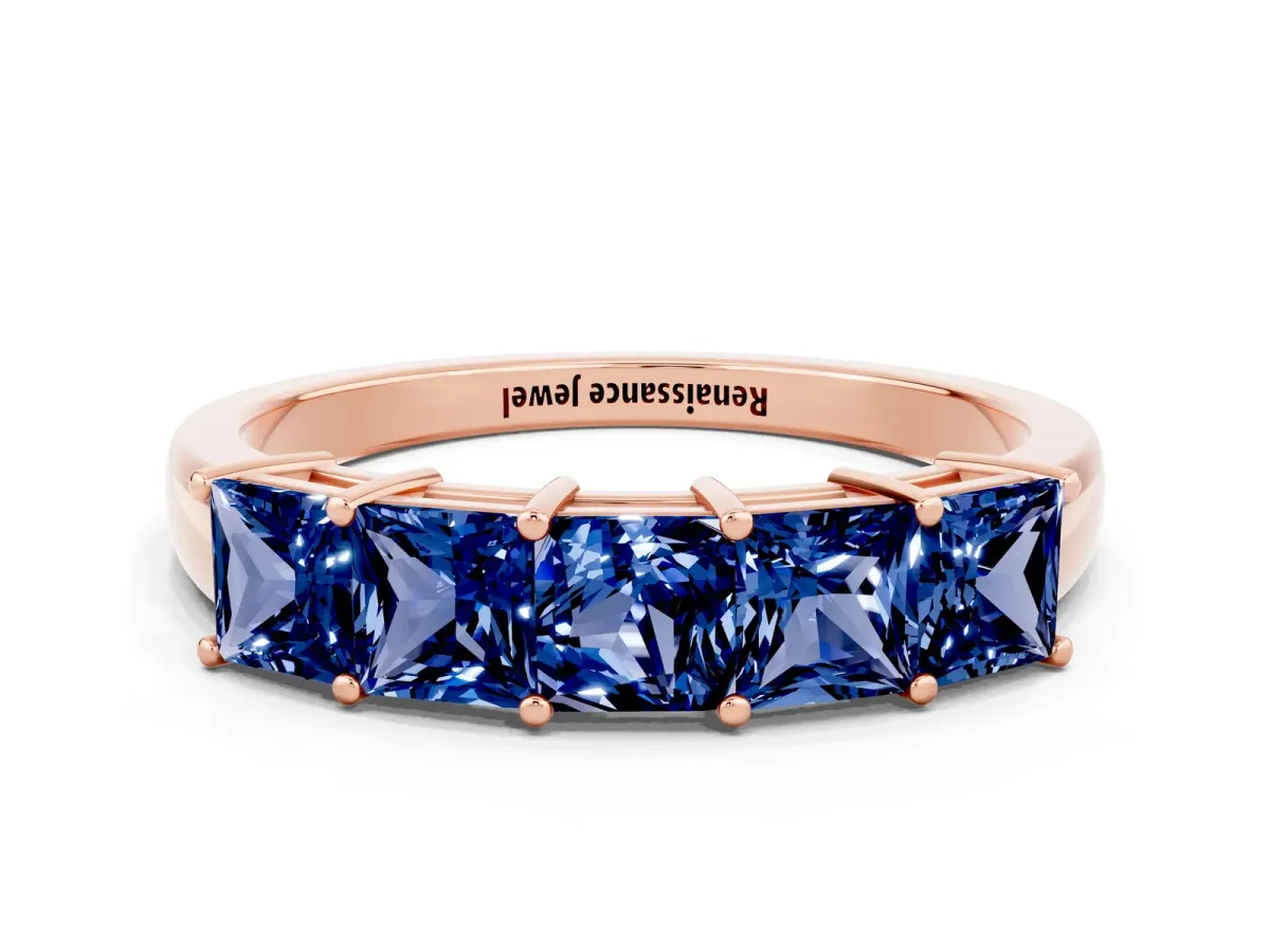 Princess Cut Five-Stone Blue Sapphire Band with Prong Setting Rose gold