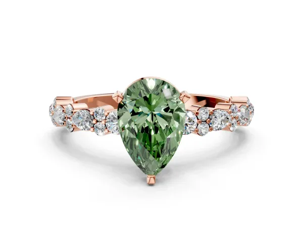 Fancy Green Pear Cut Diamond Side Stone Solitaire Ring with Round and Four-Prong Setting Rose gold