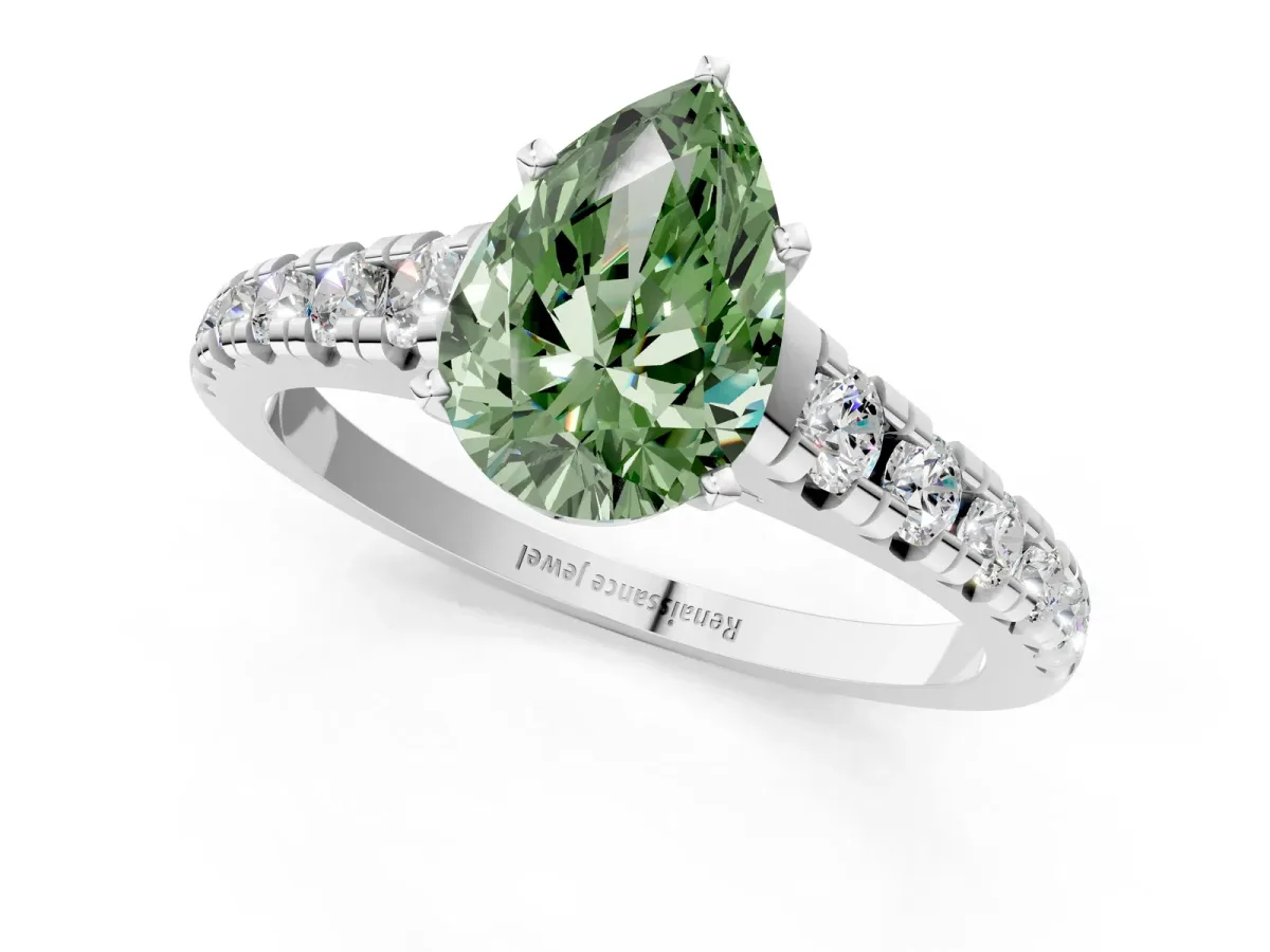 Fancy Green Pear Cut Diamond Cathedral Solitaire Ring with Round Pavé Band Silver