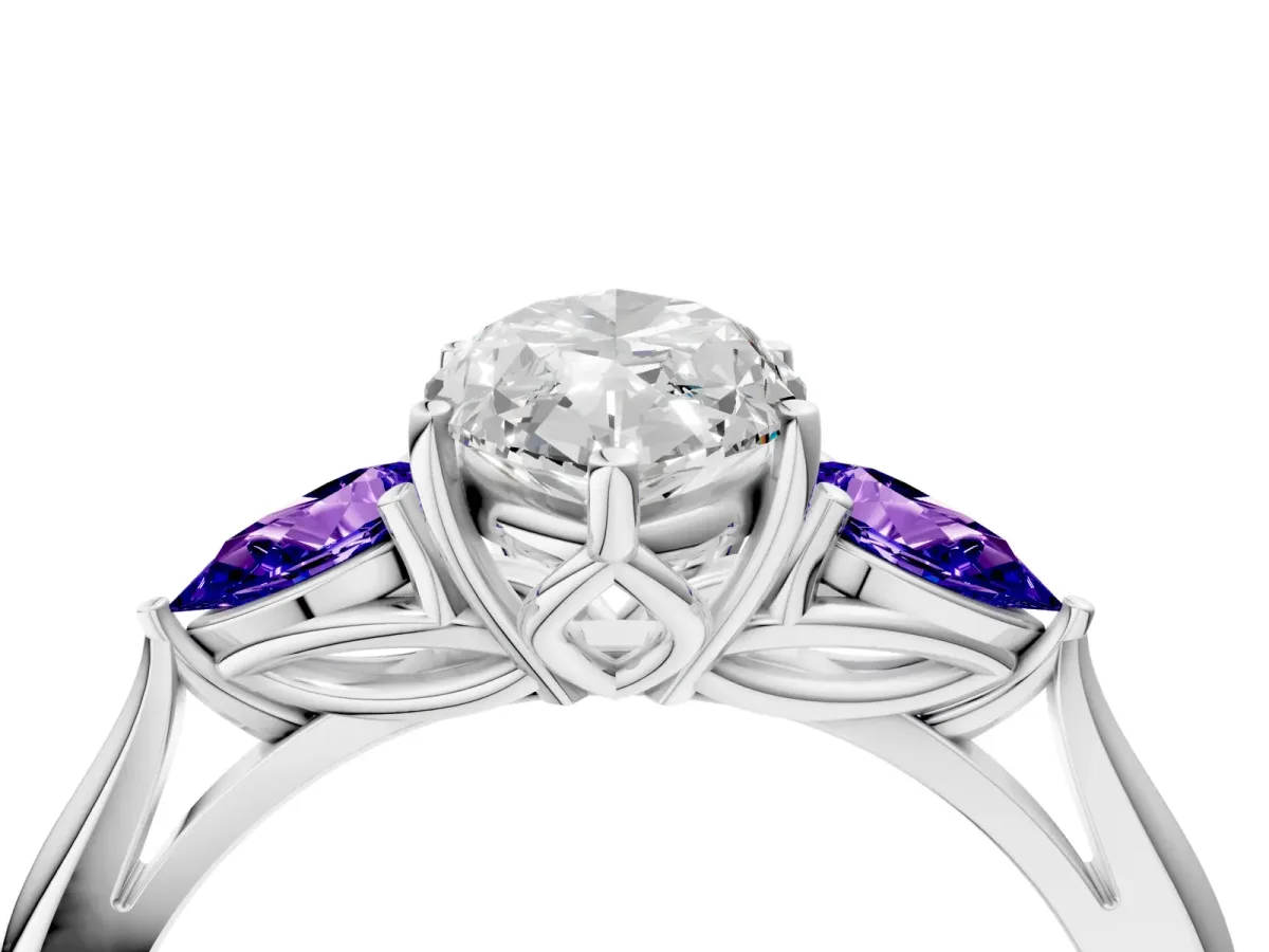 Marquise Cut Diamond Three-Stone Ring with Pear Tanzanite Side Stones and Prong Setting Silver