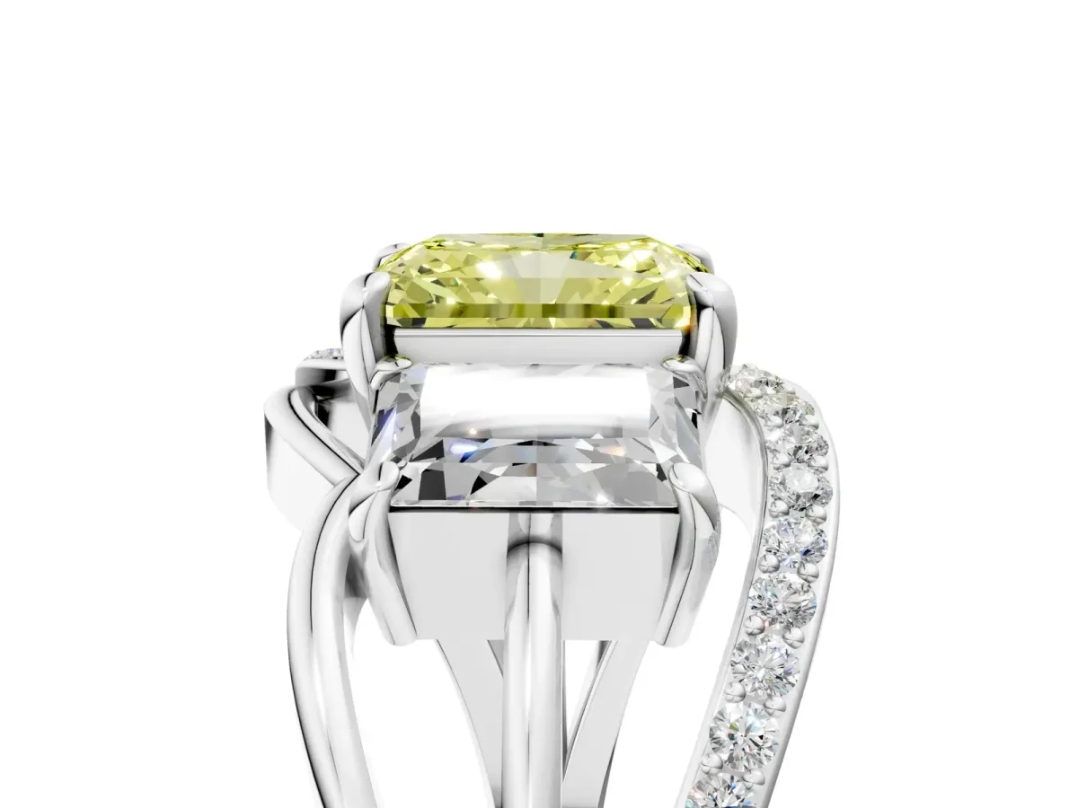 Fancy Yellow Three-Stone Radiant Cut Cut Diamond Split Shank Prong Set Ring Platinum