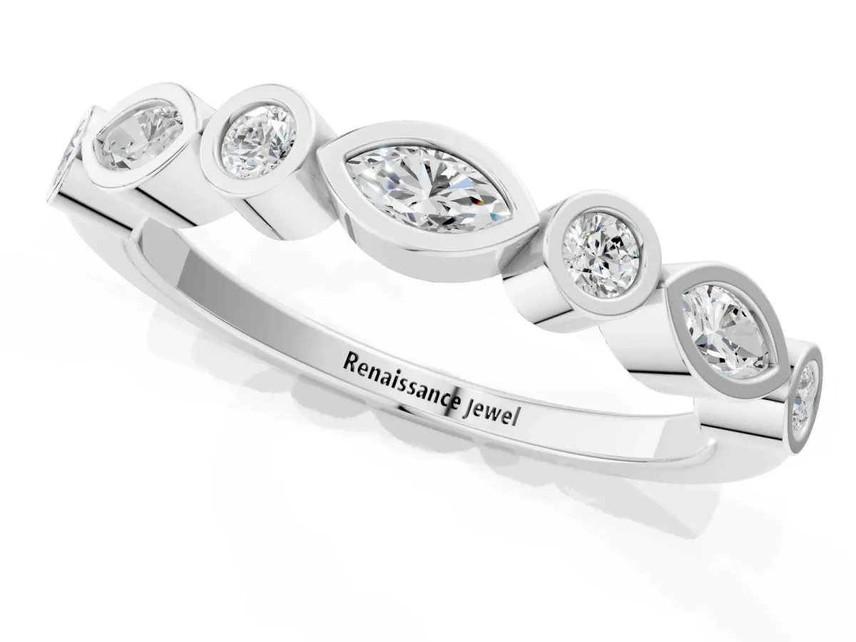 Bezel Set Marquise and Round Diamond Stackable Band White gold