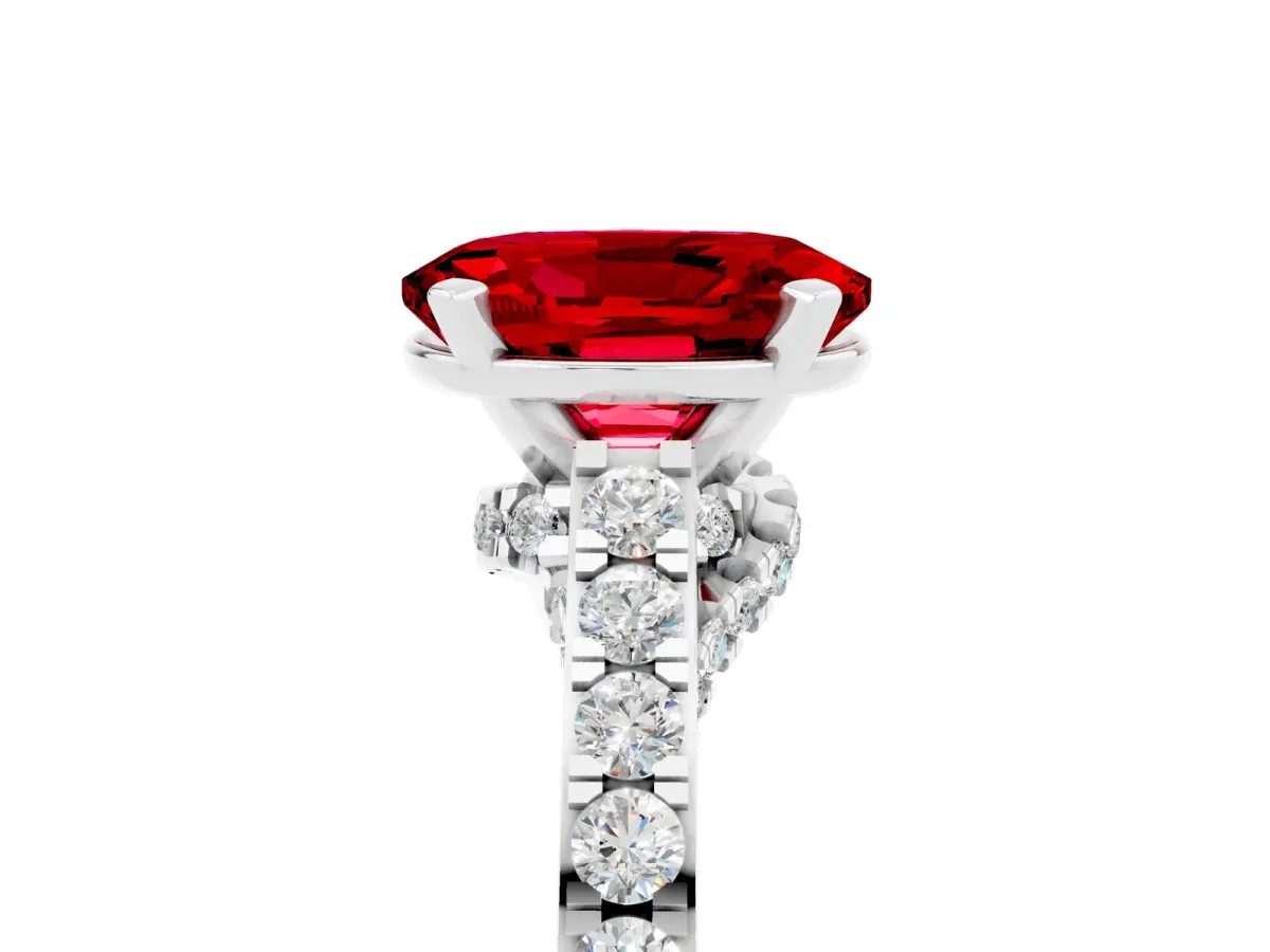 Oval Cut Ruby Solitaire Ring with Crossover Gallery and Round Pavé Band Silver