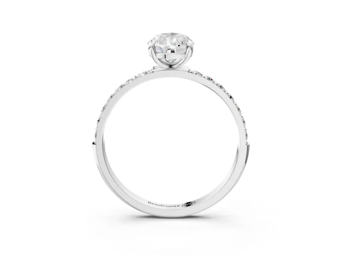 Pear Cut Diamond Solitaire Ring with Round Pavé Band and Prong Setting Platinum