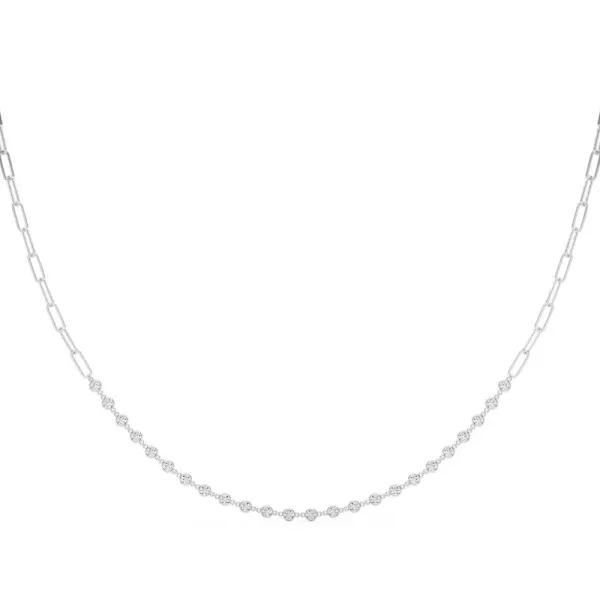 Diamond Round Stone Paperclip Chain Necklace with Bezel Setting White gold