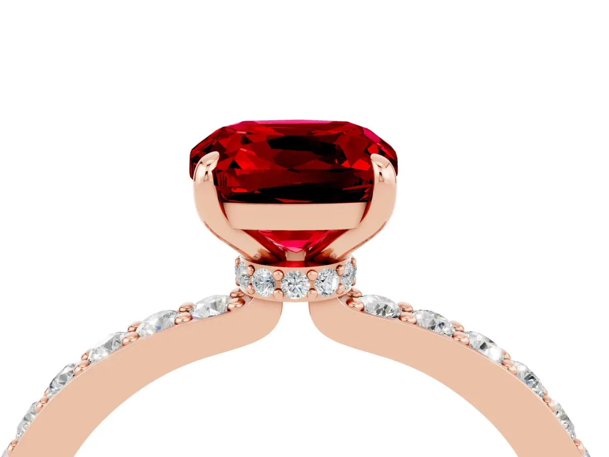 Cushion Cut Ruby Solitaire Engagement Ring with Pavé Band and Four-Prong Setting Rose gold