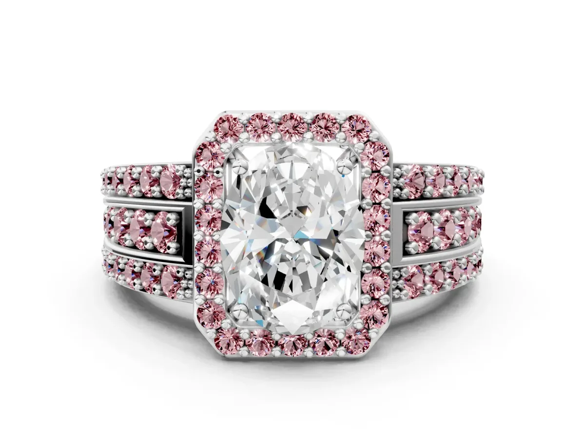 Oval Cut Halo Diamond Ring with Round Morganite Split Shank and Prong Setting Platinum
