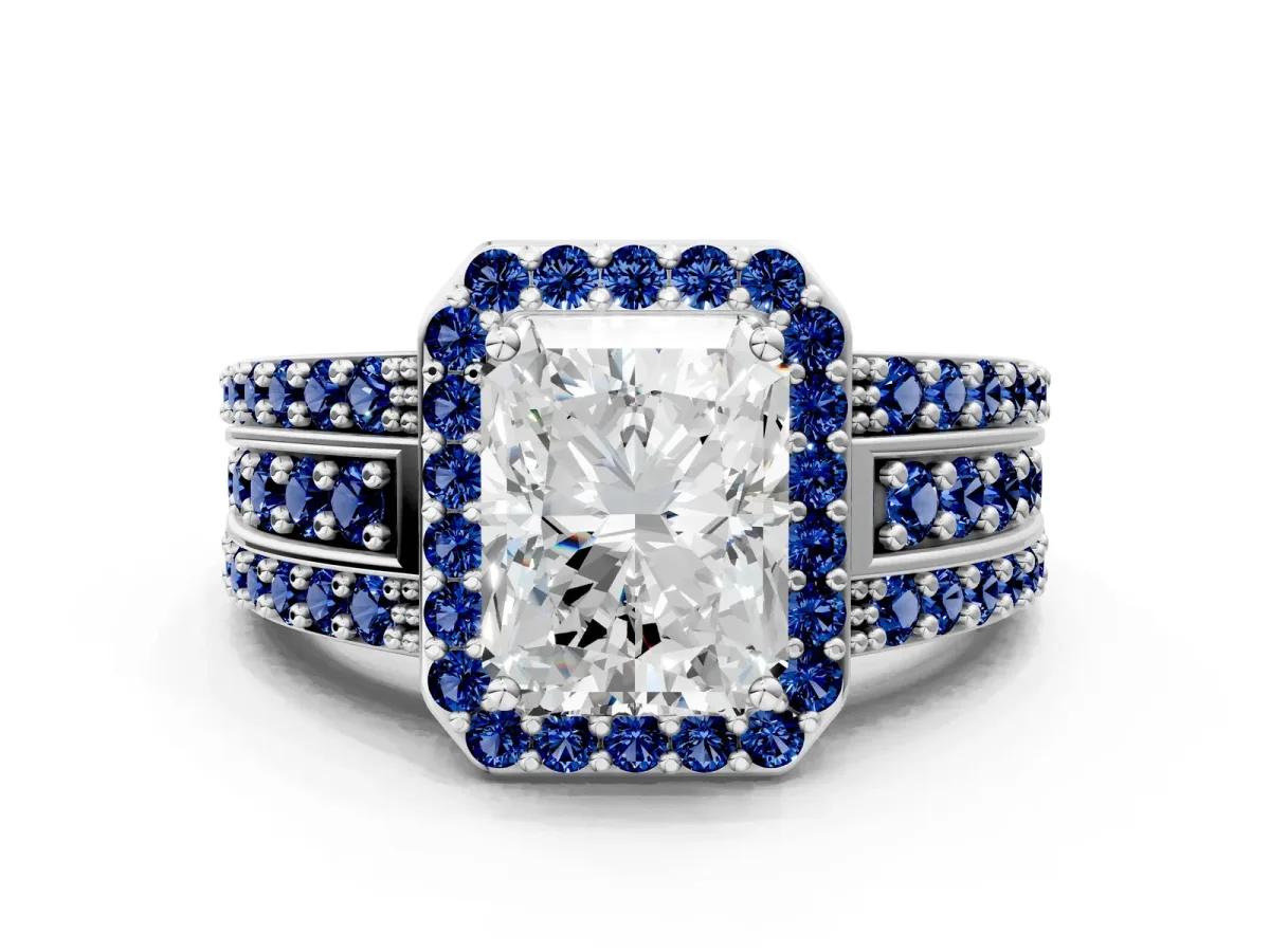 Radiant Cut Halo Diamond Ring with Round Blue Sapphire Split Shank and Prong Setting Silver