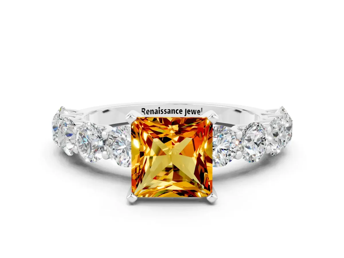Princess Cut Citrine Prong Setting with Side Stones on a Pave Band Silver