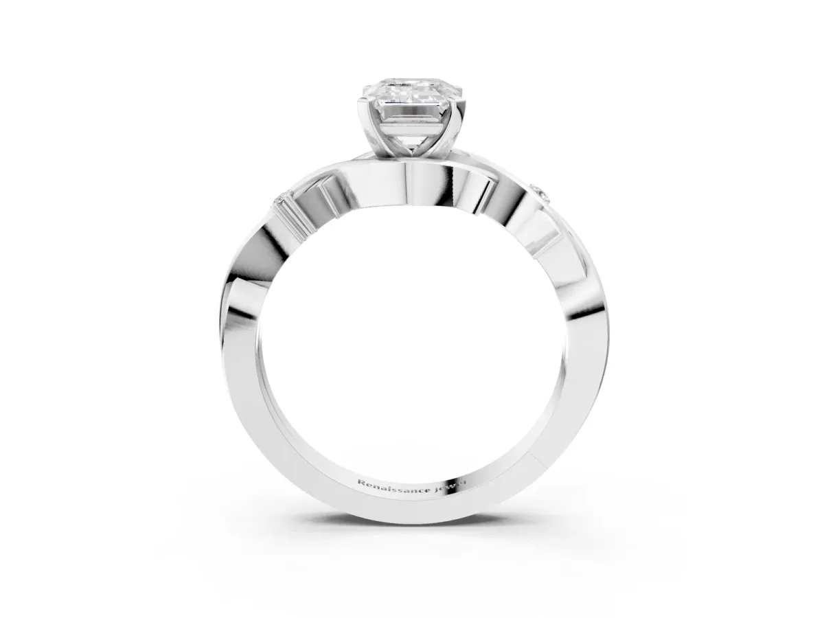 Emerald Cut Diamond Solitaire Ring with Twisted Band and Prong Setting White gold