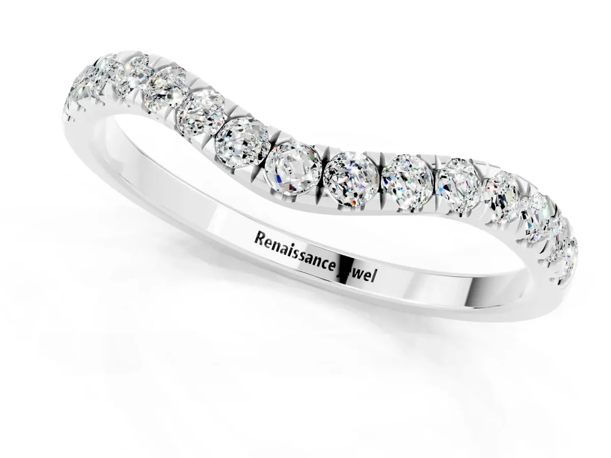 Curved Pavé Round Moissanite Wedding Band with Shared Prong Setting Platinum