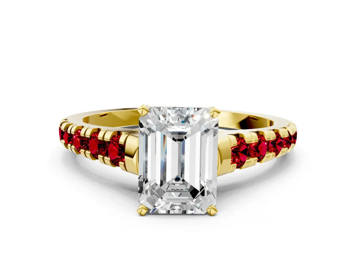 Emerald Cut Diamond Cathedral Solitaire Ring with Round Ruby Pavé Band Yellow gold