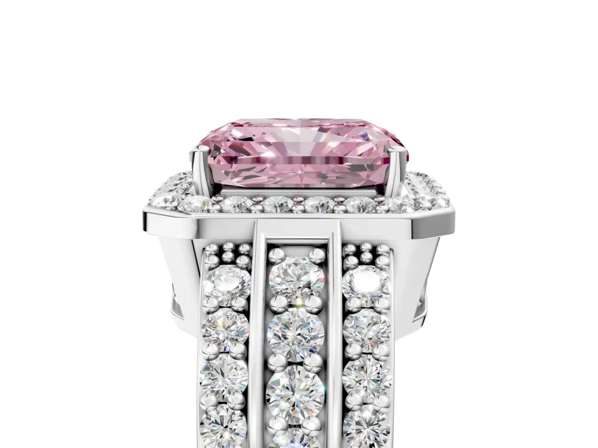 Fancy Pink Radiant Cut Halo Diamond Ring with Round Split Shank and Prong Setting Silver