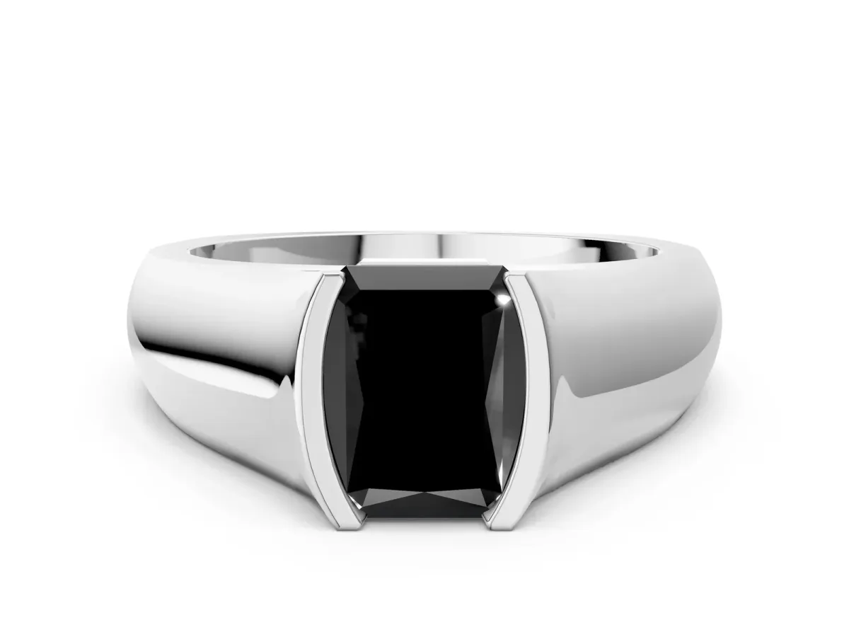 Fancy Black Radiant Cut Solitaire Bezel Set Diamond Ring with Wide Band Platinum