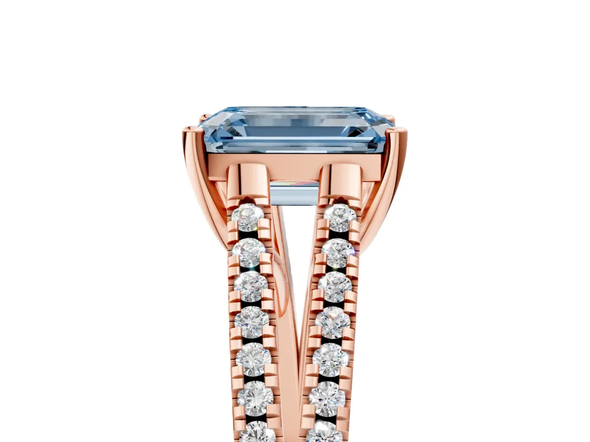 Fancy Blue Emerald Cut Diamond Solitaire Engagement Ring with Split Shank Pavé Band Rose gold