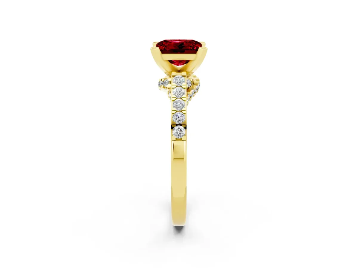 Princess Cut Ruby Solitaire Ring with Crossover Gallery and Round Pavé Band Yellow gold