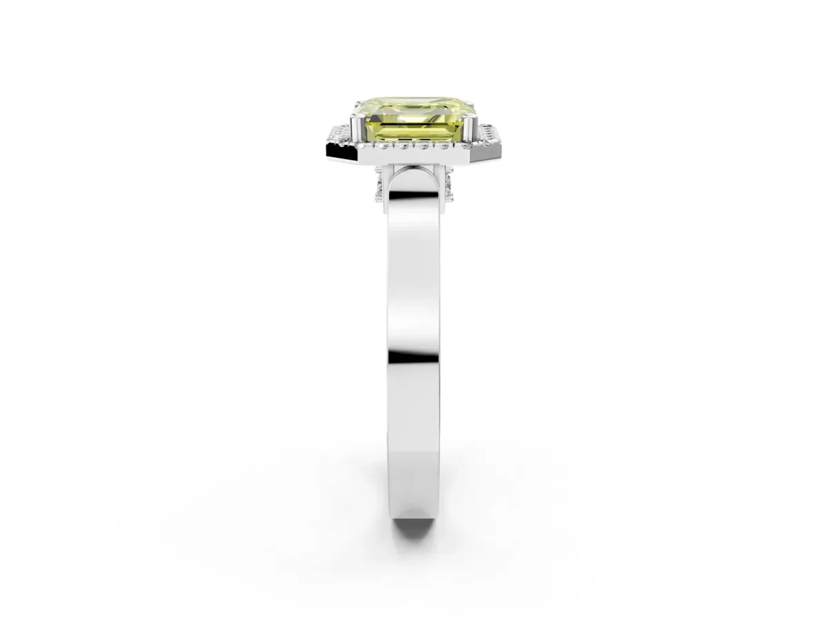 Fancy Yellow Asscher Cut Halo Pave Split Shank Prong Setting Ring Platinum
