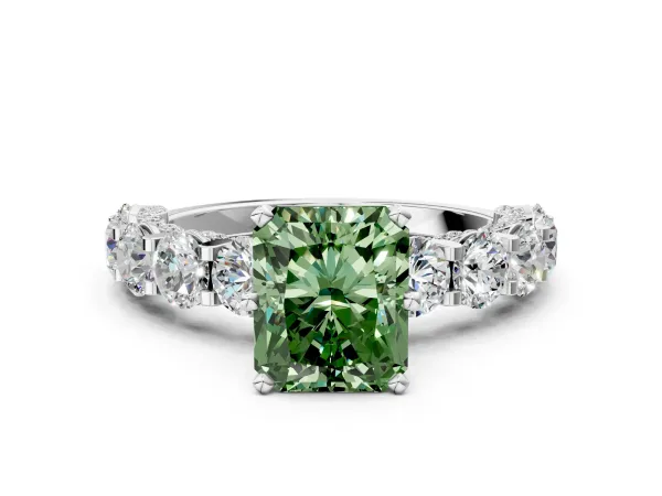 Fancy Green Radiant Cut Diamond Side Stone Engagement Ring with Four-Prong Setting White gold