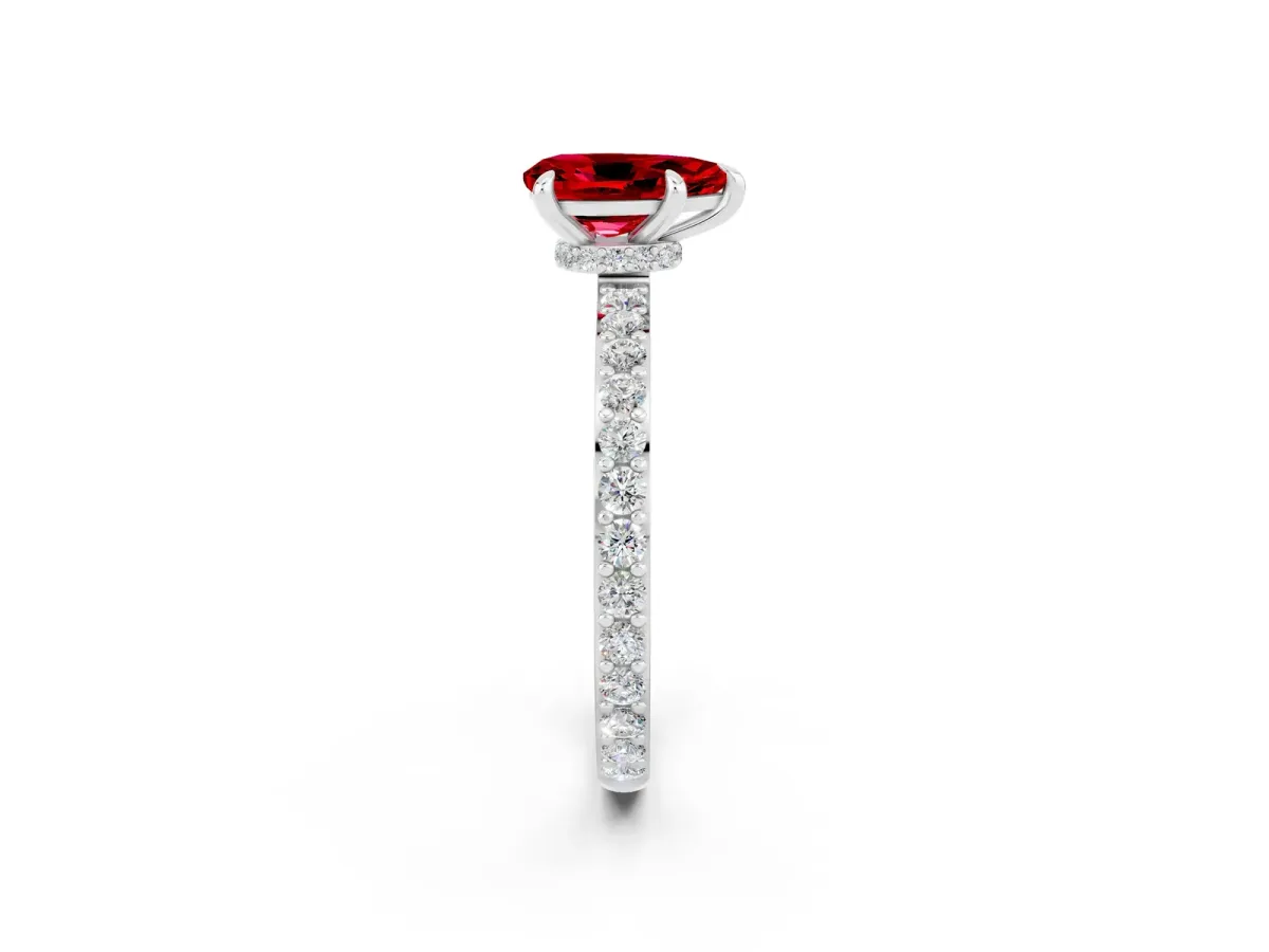 Pear Cut Ruby Solitaire Engagement Ring with Pavé Band and Four-Prong Setting White gold