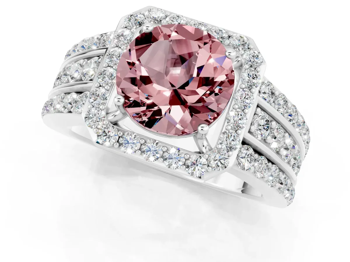 Round Cut Halo Morganite Ring with Round Split Shank and Prong Setting Platinum