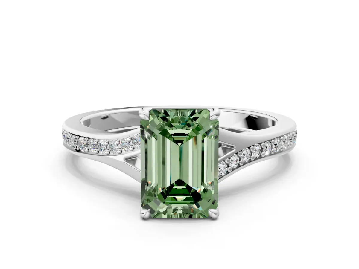 Fancy Green Emerald Cut Diamond Solitaire Ring with Pavé Band and Prong Setting Silver