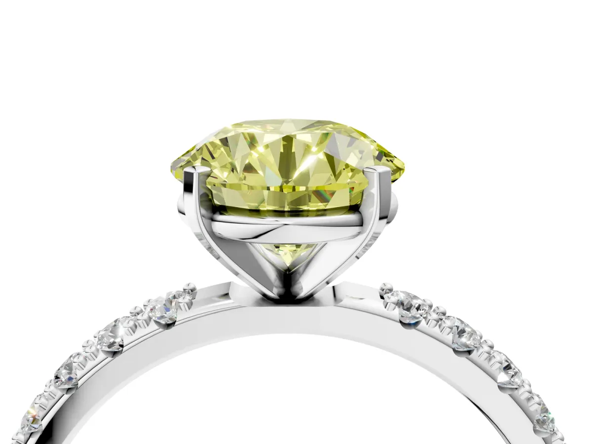 Fancy Yellow Round Cut Diamond Solitaire Pavé Band with Four-Prong Setting Silver