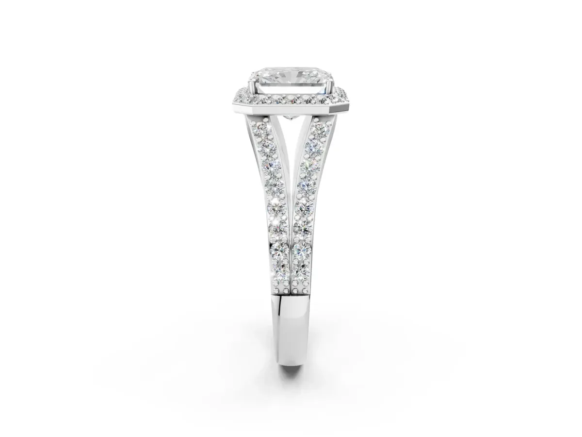 Radiant Cut Diamond Split Shank Halo Ring with Four-Prong Setting Platinum