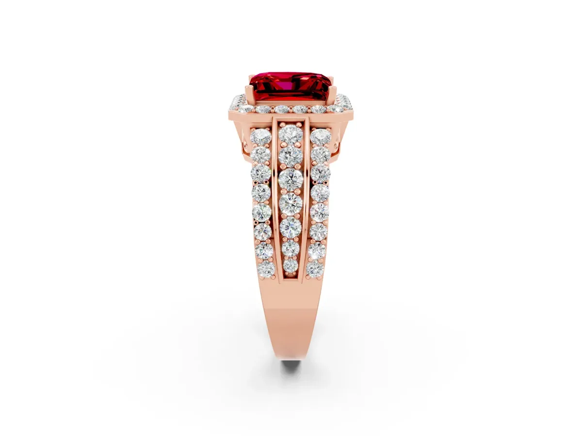 Princess Cut Halo Ruby Ring with Round Split Shank and Prong Setting Rose gold