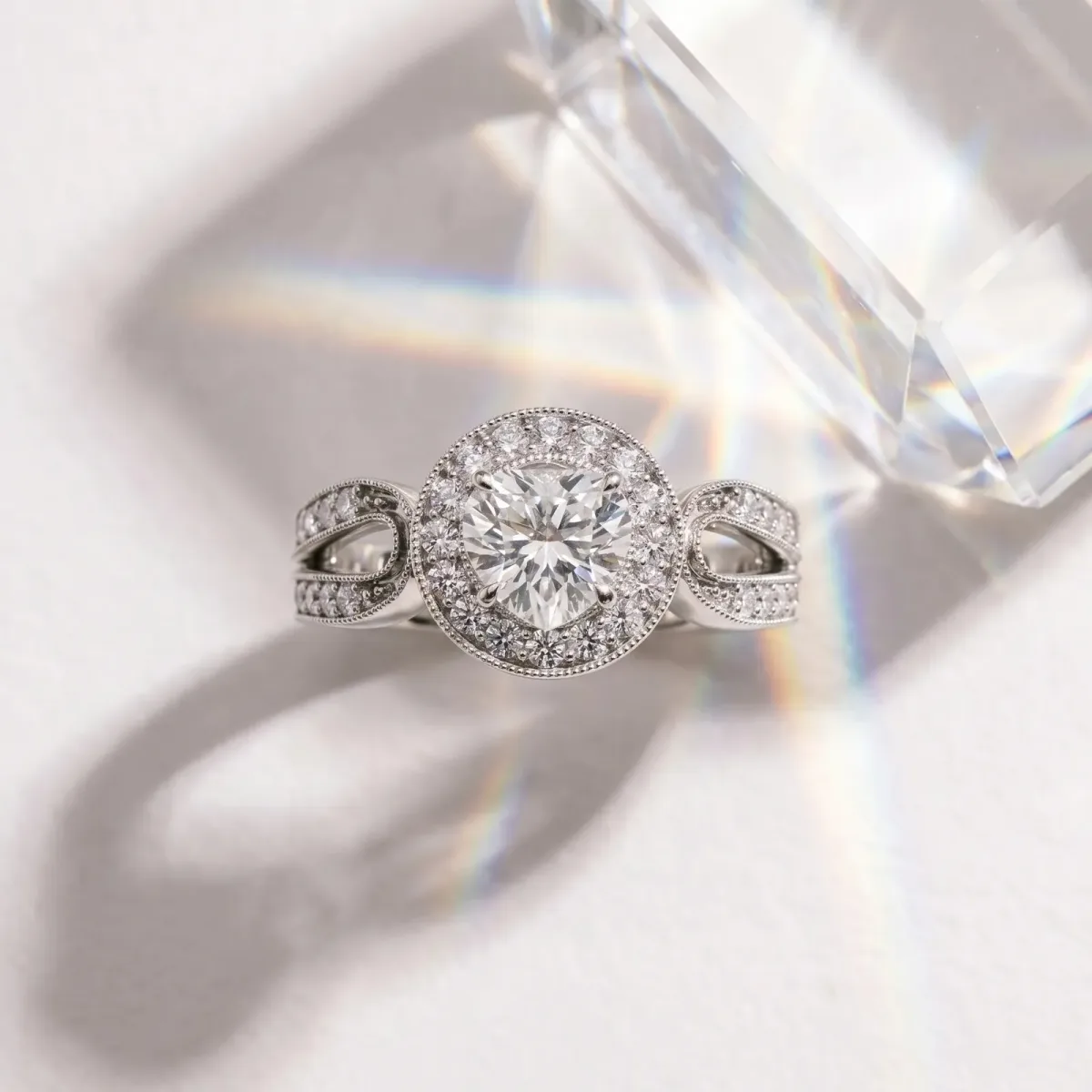 Heart Cut Halo Split Shank Milgrain Diamond Ring Platinum