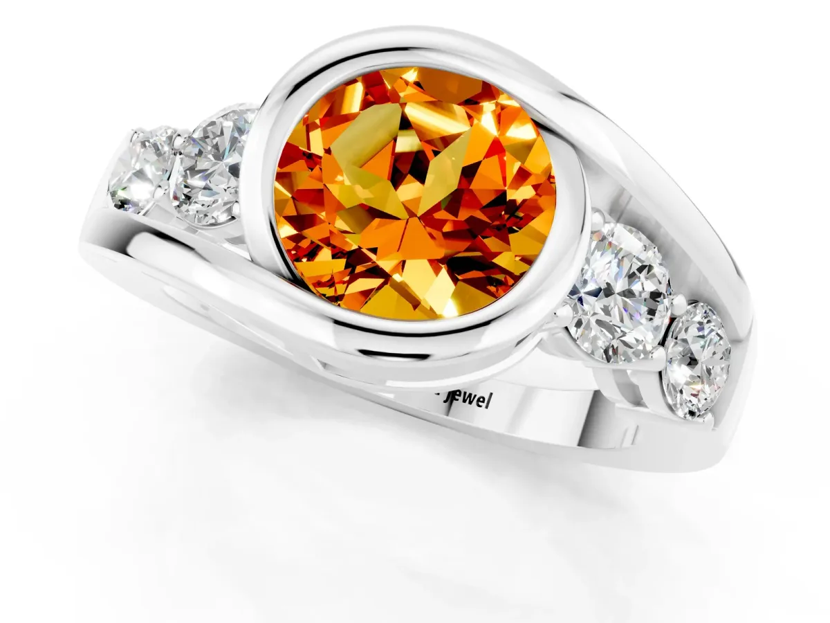 Bezel Set Round Cut Citrine Bypass Ring with Round Accents Silver