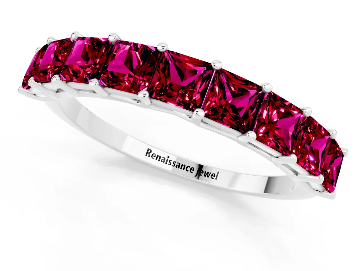 Princess Cut Garnet Channel-Set Eternity Band with Prong Setting Silver