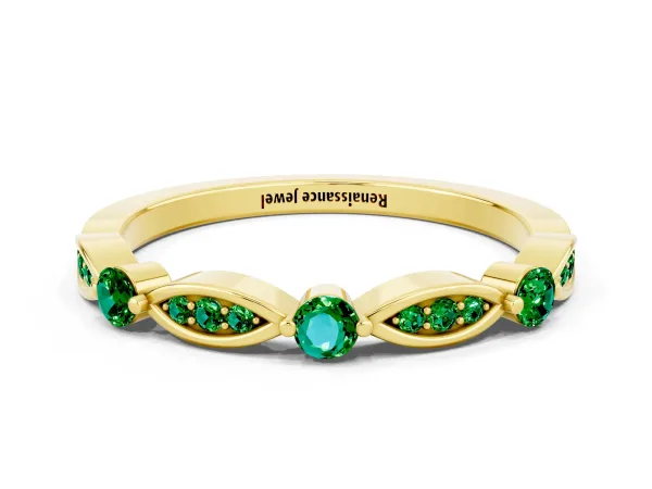 Marquise and Round Emerald Milgrain Band with Bezel Setting Yellow gold