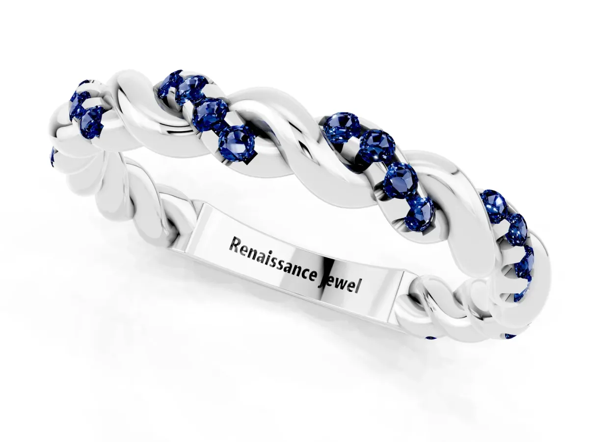 Twisted Pavé Round Blue Sapphire Eternity Band Silver