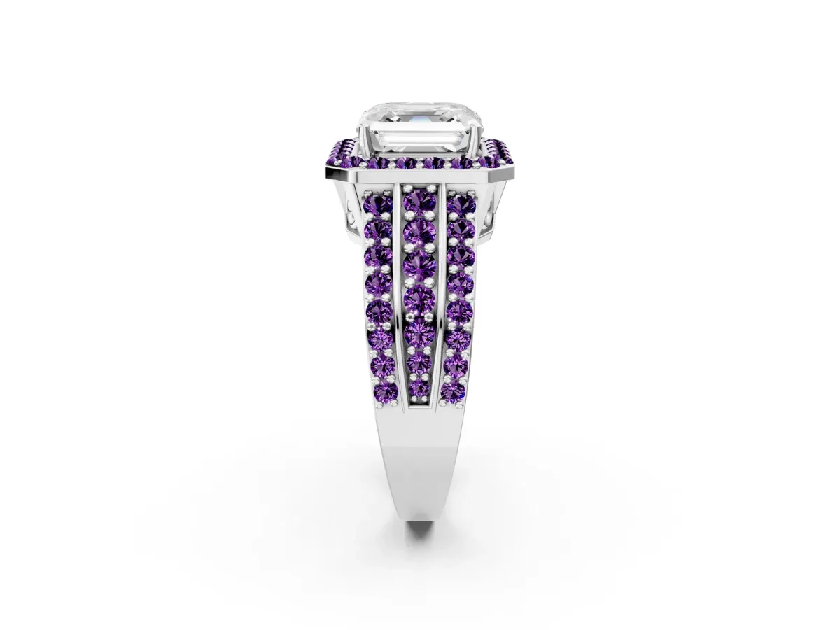 Asscher Cut Halo Diamond Ring with Round Amethyst Split Shank and Prong Setting Silver