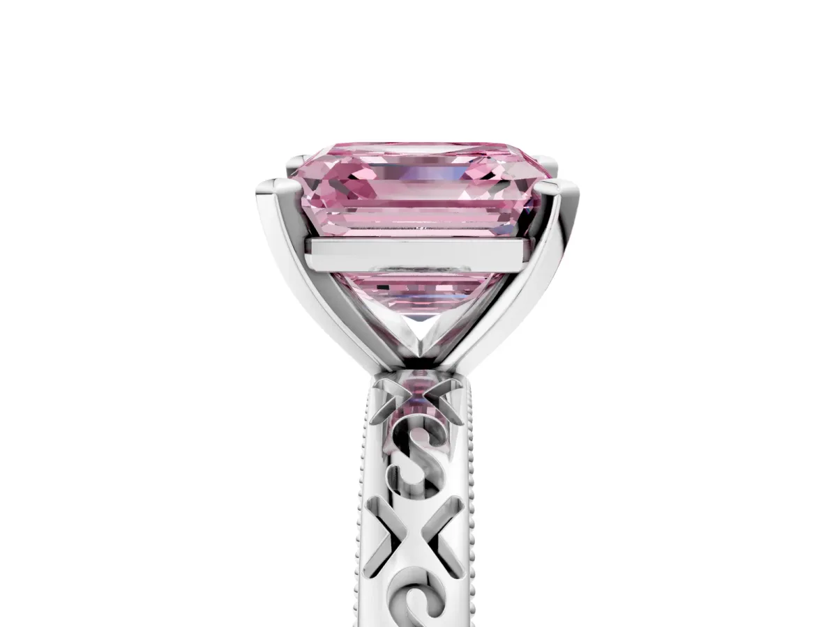Fancy Pink Asscher Cut Solitaire Engagement Ring with Scrollwork Band and Four-Prong Setting Platinum