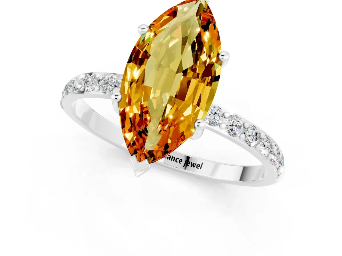 Marquise Cut Citrine Solitaire Ring with Round Pavé Band and Prong Setting Silver