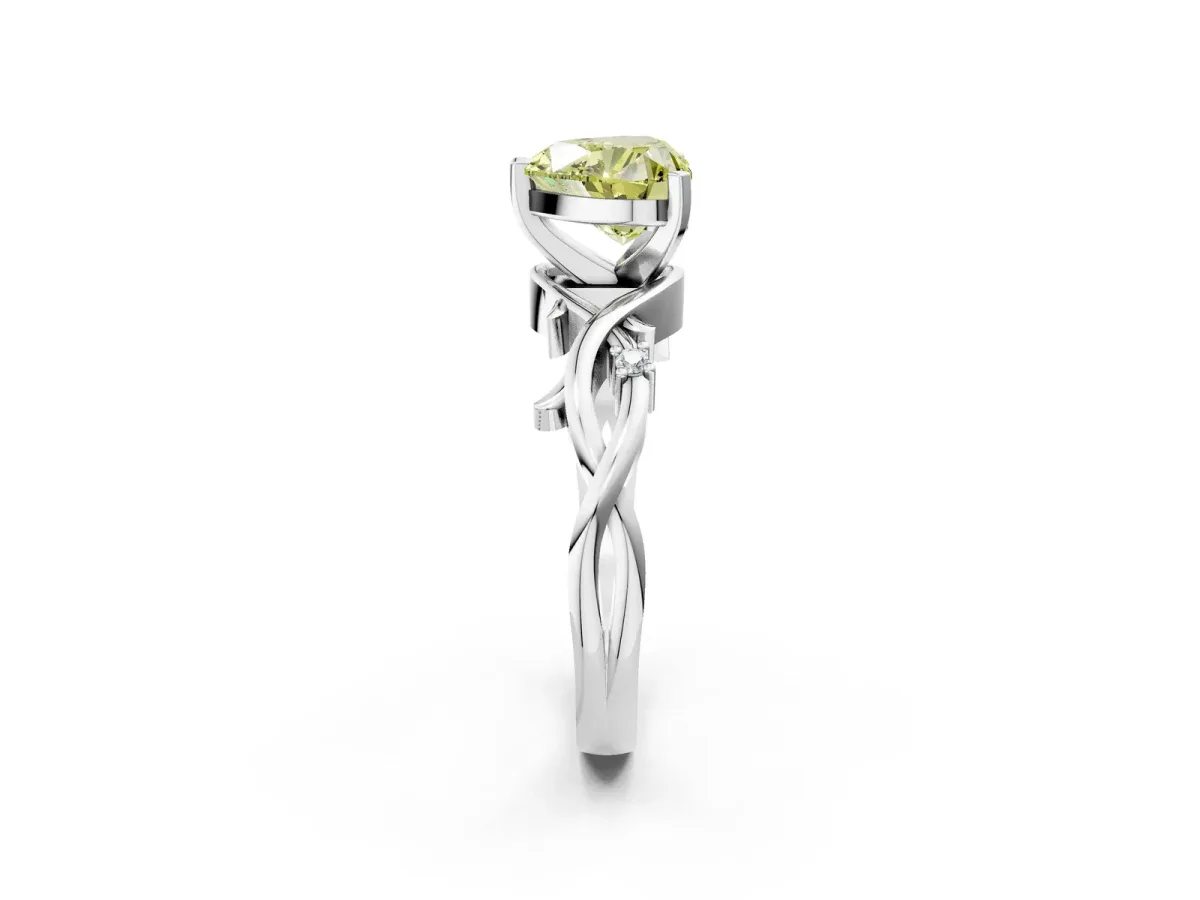 Fancy Yellow Heart Cut Diamond Solitaire Ring with Twisted Band and Prong Setting Silver