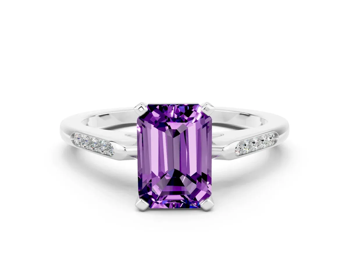 Emerald Cut Amethyst Solitaire Ring with Channel Set Round Band and Prong Setting Silver
