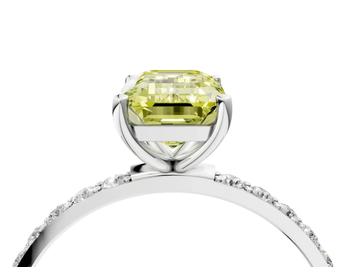 Fancy Yellow Emerald Cut Diamond Solitaire Ring with Round Pavé Shoulders and Prong Setting Silver