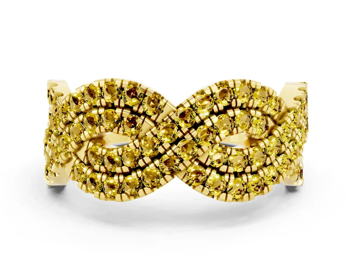 Pavé Round Yellow Sapphire Infinity Twist Band with Shared Prong Setting Yellow gold