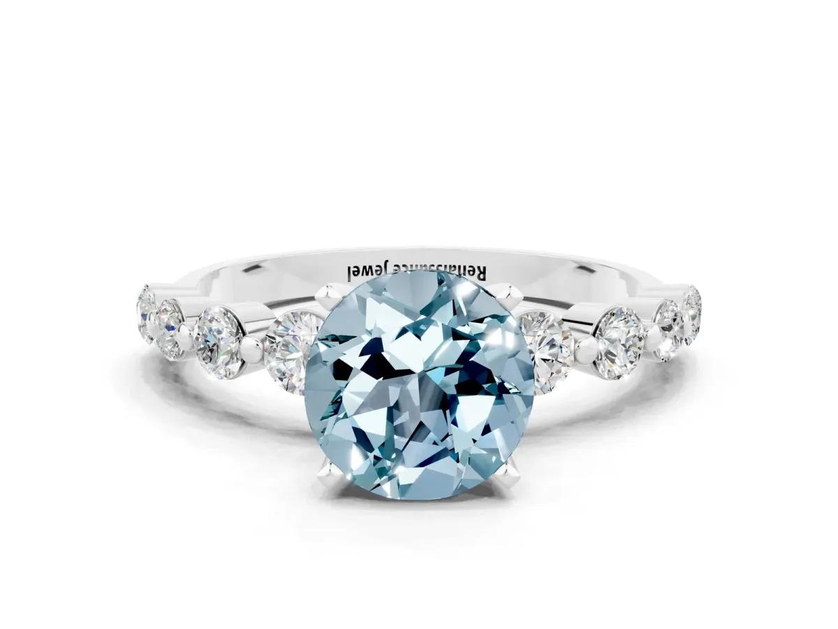 Round Cut Solitaire Aquamarine Ring with Pave Band and Four-Prong Setting Silver