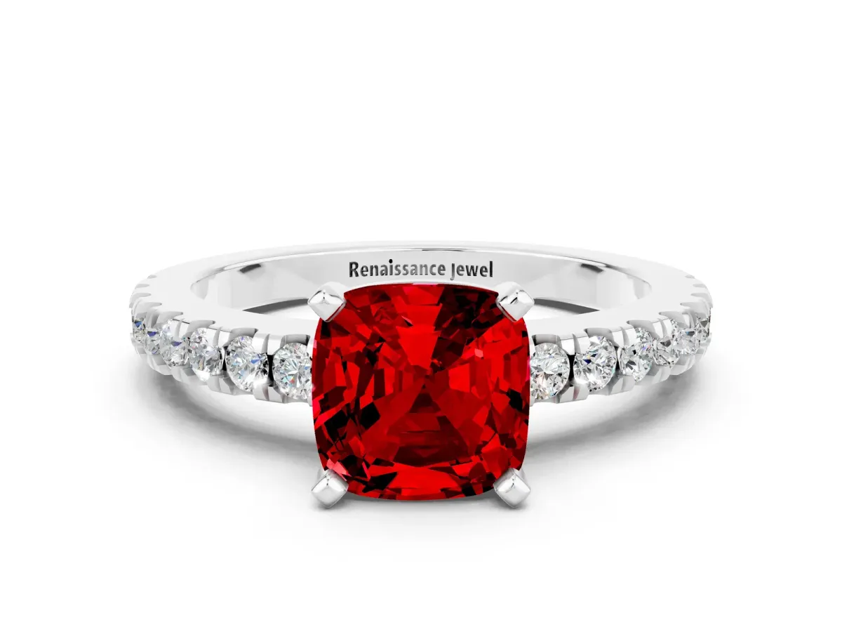 Cushion Cut Solitaire Ruby with Pavé Band and Four-Prong Setting Platinum