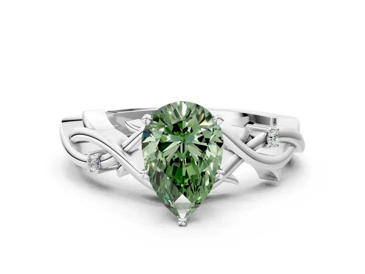 Fancy Green Pear Cut Diamond Solitaire Ring with Twisted Band and Prong Setting Silver