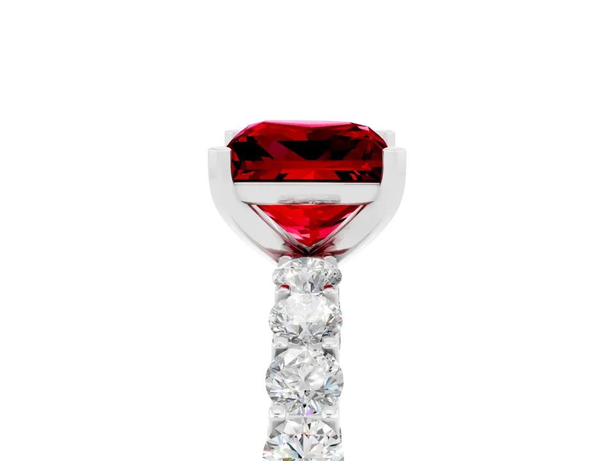 Princess Cut Ruby Solitaire Ring with Shared Prong Pavé Band and Four-Prong Setting White gold