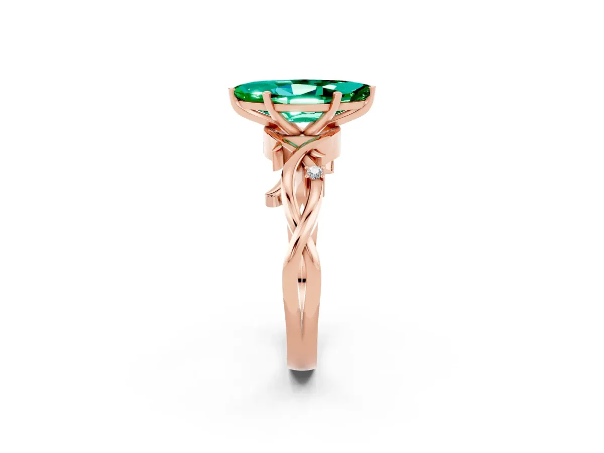 Marquise Cut Emerald Solitaire Ring with Twisted Band and Prong Setting Rose gold