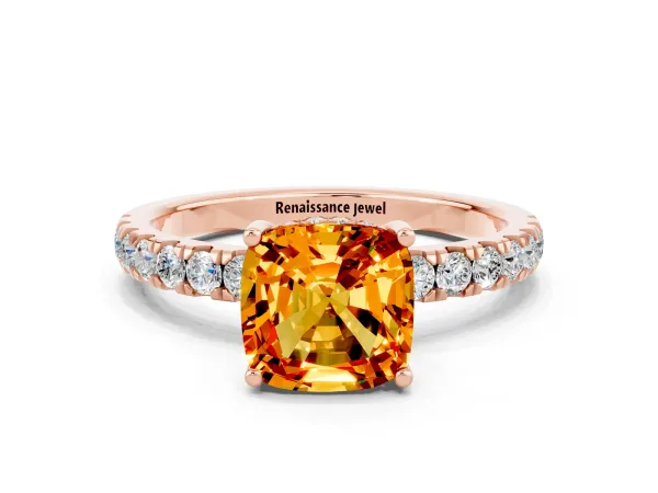 Cushion Cut Citrine Pave Band Solitaire Ring with Round and Prong Setting Rose gold