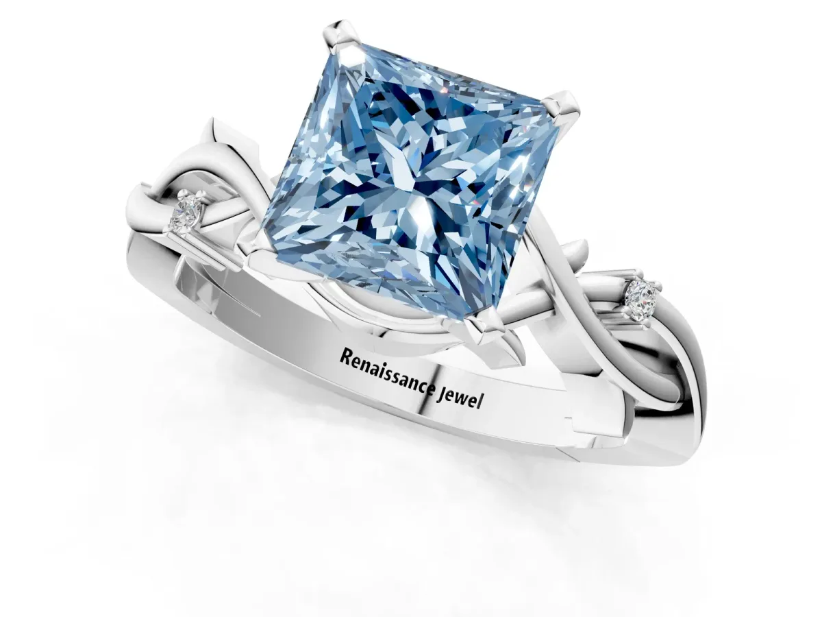 Fancy Blue Princess Cut Diamond Solitaire Ring with Twisted Band and Prong Setting Platinum
