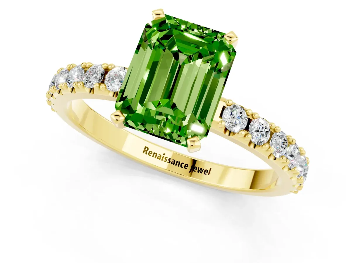 Emerald Cut Peridot Solitaire Pavé Band with Four-Prong Setting Yellow gold