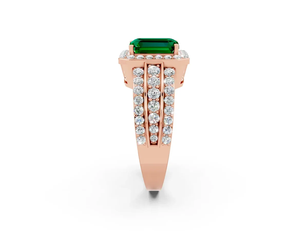 Emerald Cut Halo Emerald Ring with Round Split Shank and Prong Setting Rose gold